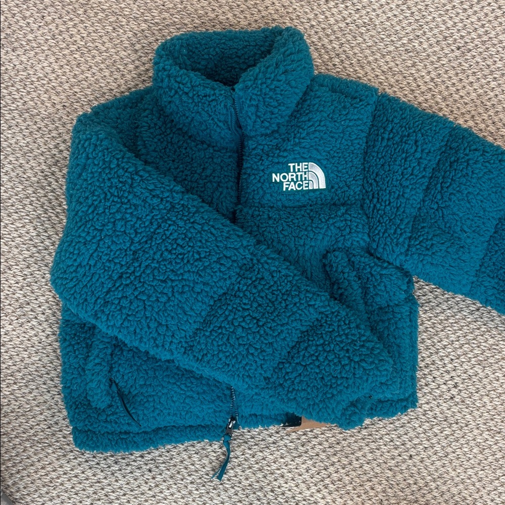The North Face TurquoiseHarbod Blue Cropped Nuptse Sherpa Puffer Jacket